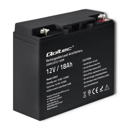 Qoltec Akumulator AGM | 12V | 18Ah | Bezobsługowy | Wydajny | LongLife | do UPS, skutera