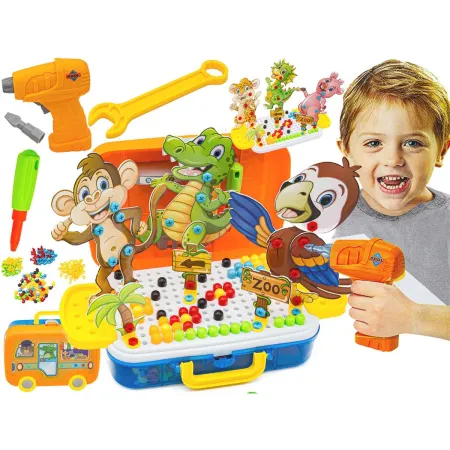 Kreatywna Mozaika W Walizce 251el. Układanka, Klocki + Wkrętarka Dinozaury Zoo Zestaw Konstrukcyjny