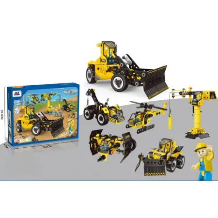 Klocki Konstrukcyjne 223 El. Maszyny, Pojazdy Budowlane, Spych, Helikopter, Dźwig Do Rozkręcania I Skręcania 6w1-1649