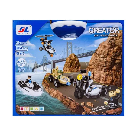 Klocki Konstrukcyjne 161 El. POLICJA, ZESTAW POLICYJNY, Motocykl, Ponton, Samochód Do Rozkręcania I Skręcania 8w1-164