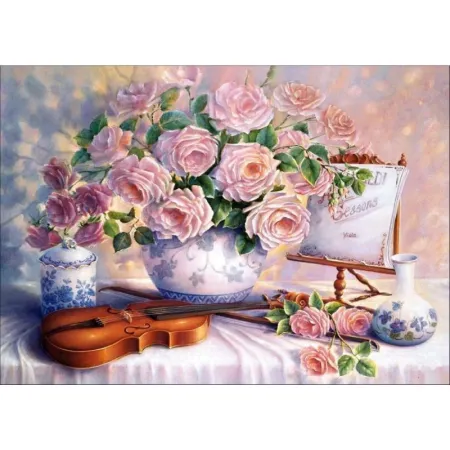 Haft Diamentowy, Obraz, Mozaika Diamentowa Diamond Painting, BUKIET KWIATÓW, SKRZYPCE 40x30cm