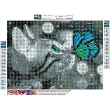 Haft Diamentowy, Obraz, Mozaika Diamentowa Diamond Painting, KOT Z TURKUSOWYM MOTYLKIEM 40x30cm-1649826