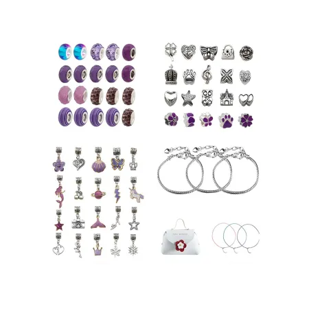 Zestaw Do Tworzenia Robienia Biżuterii, Bransoletek, Charmsy, Zawieszki, Koraliki 66el. ODCIENIE FIOLETU + Kosmetyczka-