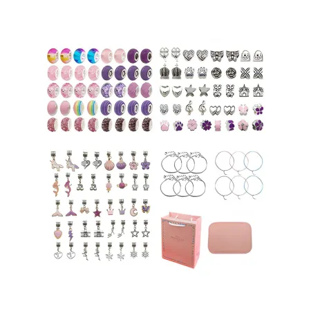 Zestaw Do Tworzenia Robienia Biżuterii, Bransoletek, Charmsy, Zawieszki, Koraliki RÓŻOWO-FIOLETOWY MIX + Etui-1650804