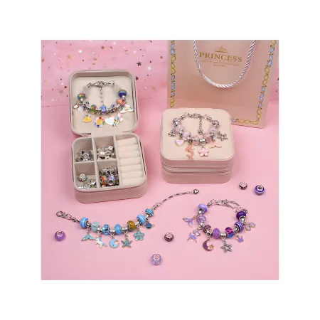 Zestaw Do Tworzenia Robienia Biżuterii, Bransoletek, Charmsy, Zawieszki, Koraliki RÓŻOWO-FIOLETOWY MIX + Etui-1650808