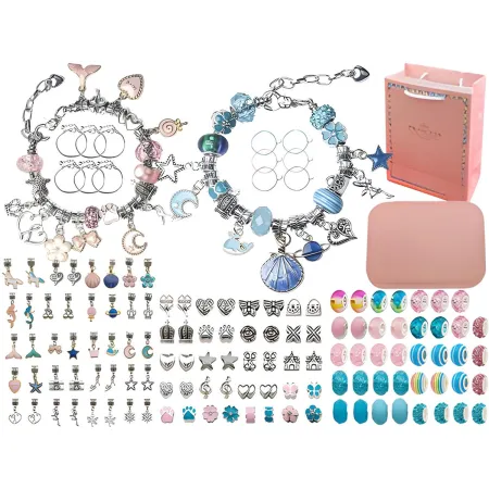 Zestaw Do Tworzenia Robienia Biżuterii, Bransoletek, Charmsy, Zawieszki, Koraliki NIEBIESKO-RÓŻOWY MIX + Etui