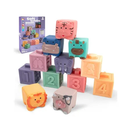 Miękkie Klocki Sensoryczne Zwierzęta, Figury geometryczne, Cyfry 12 sztuk, Edukacyjny zestaw klocków dla malucha-1896