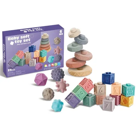 Klocki Sensoryczne dla malucha, Miękkie Klocki, Cyferki, Figury geometryczne, Kształty, Wieża 23 sztuki-1896879