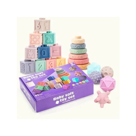Klocki Sensoryczne dla malucha, Miękkie Klocki, Cyferki, Figury geometryczne, Kształty, Wieża 23 sztuki-1896880