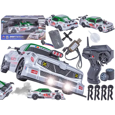 DUŻY Samochód Do Driftu Auto RC Drift 1:16 2,4 GHz PARA DYM Srebrny Dodge 4WD LED