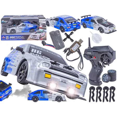 DUŻY Samochód Do Driftu Auto RC Drift 1:16 2,4 GHz PARA DYM Srebrna Toyota 4WD LED