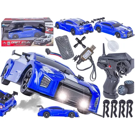 DUŻY Samochód Do Driftu Auto RC Drift 1:16 2,4 GHz PARA DYM 4WD Niebieski Nissan GTR LED