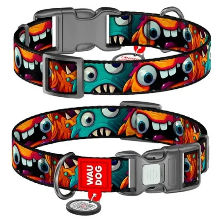 Collar WauDog Nylon Obroża nylonowa z QR-paszportem, plastikowy fastex, wzór ZĘBATE POTWORY, M 20mm/28-40cm