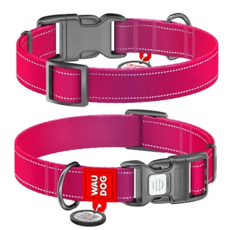 Collar WauDog Nylon Mono Obroża nylonowa odblaskowa z QR-paszportem, plastikowy fastex, S 15mm/25-35cm różowa