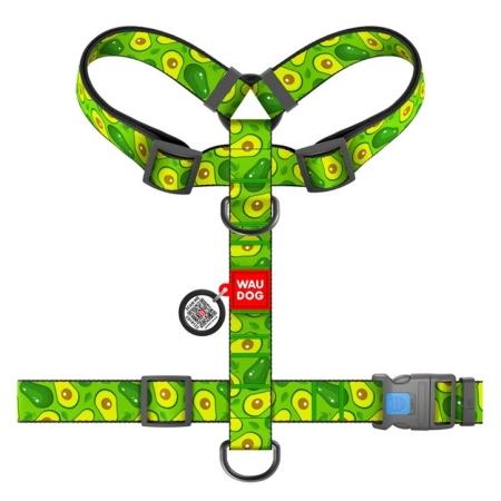 Collar WauDog Nylon Szelki nylonowe anatomiczne w kształcie litery H, z QR-paszportem, plastikowy fastex, wzór AWOKADO